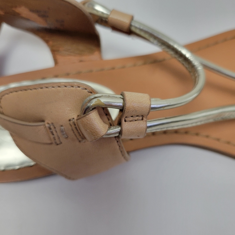 Coach Beige and Metallic Gold Leather T-Strap Sandals - Picture 12 of 16